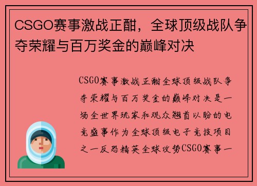 CSGO赛事激战正酣，全球顶级战队争夺荣耀与百万奖金的巅峰对决
