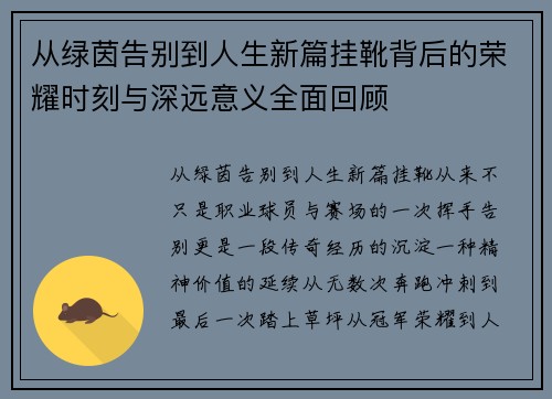 从绿茵告别到人生新篇挂靴背后的荣耀时刻与深远意义全面回顾